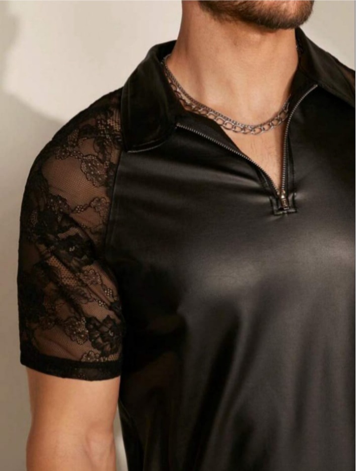 Men's Patchwork Lace Short Sleeve T - Shirts